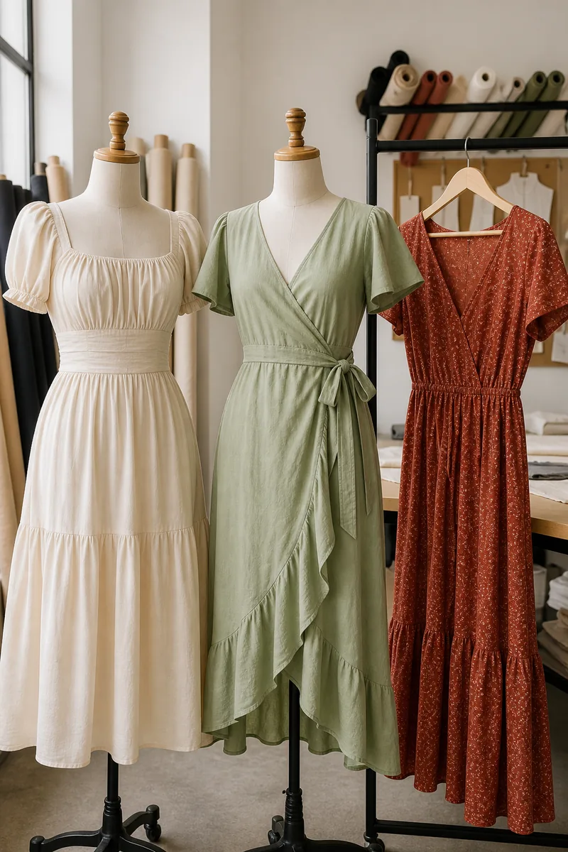 Dresses showing gathered details, fabric drape and different silhouettes