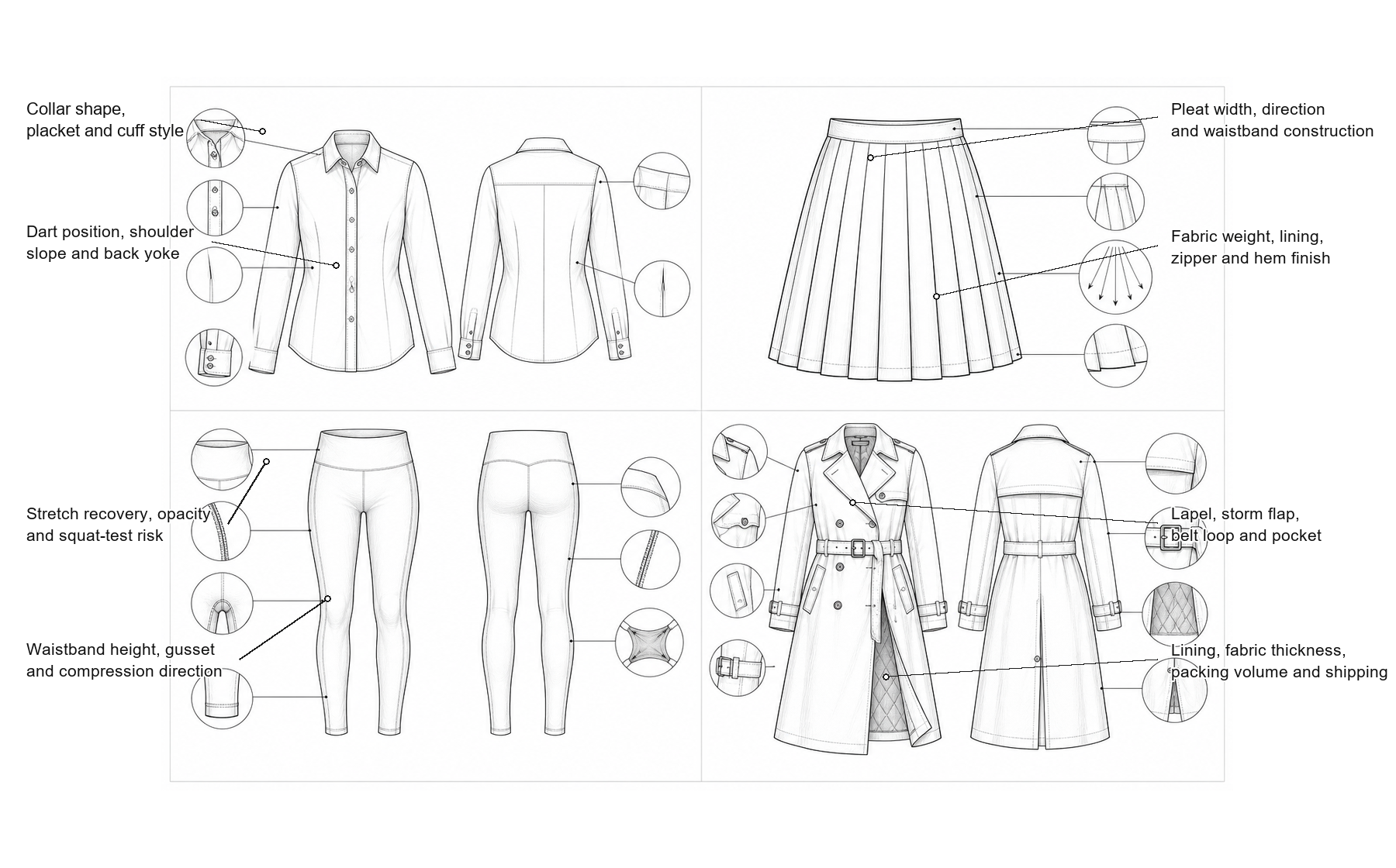 Technical garment development details for shirt skirt leggings and trench coat